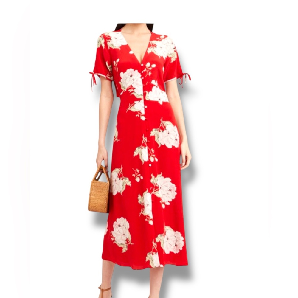 INTERMIX Red Floral V-Neck Midi Dress with Tie Sleeves